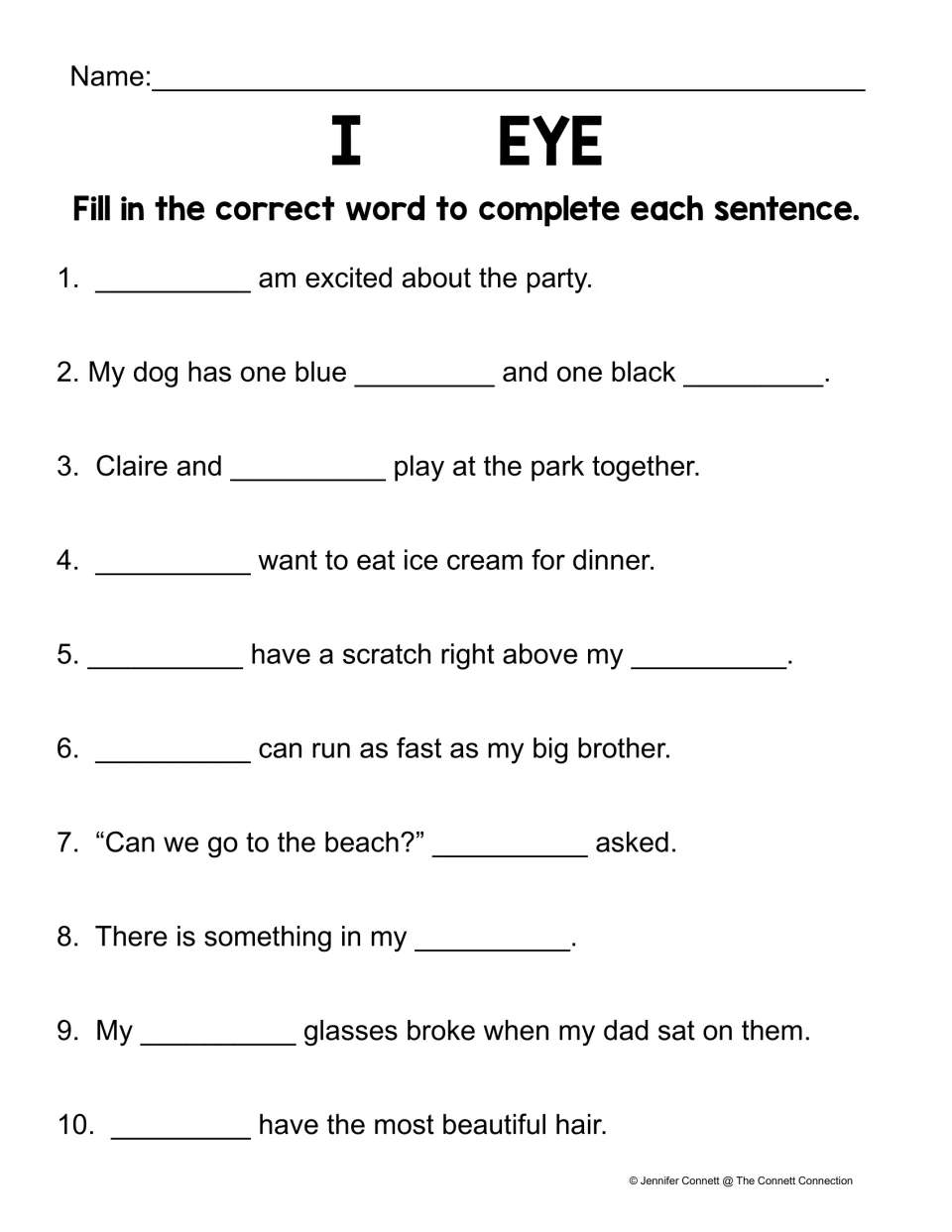 I or eye fill-in-the-blank: students complete 10 sentences, such as a dog with one blue and one black eye