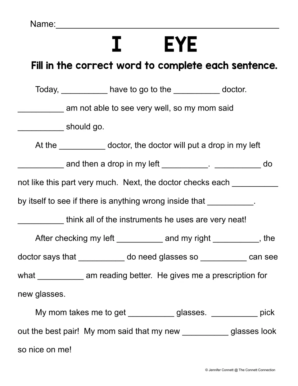 Eye doctor story: students write I or eye in each blank of a short passage about a visit to get new glasses