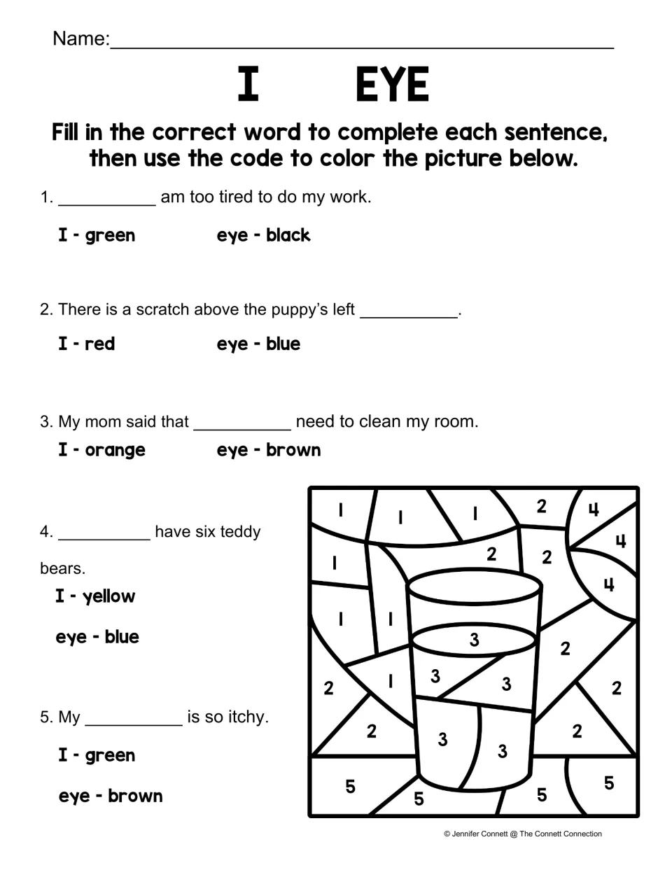 Color by code: students fill in 5 sentences with I or eye, then use each answer's color to shade a picture of a cup