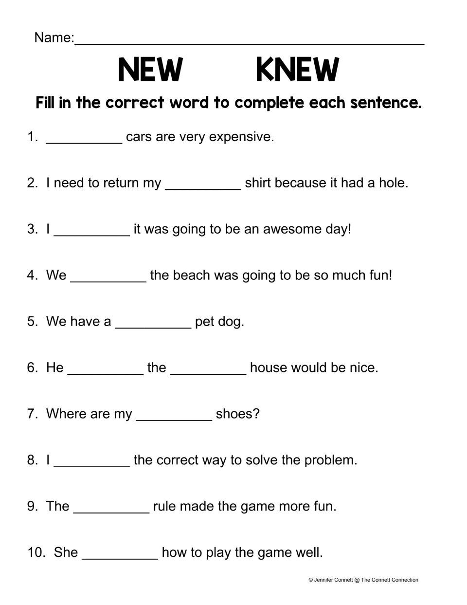 Knew or new homophones: students fill in the correct word to complete 10 sentences about cars, pets and games