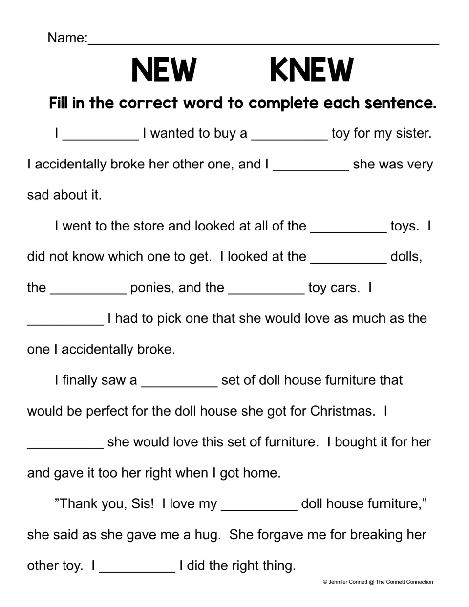 Knew or new story passage: students fill each blank in a short story about buying a sister new doll house furniture