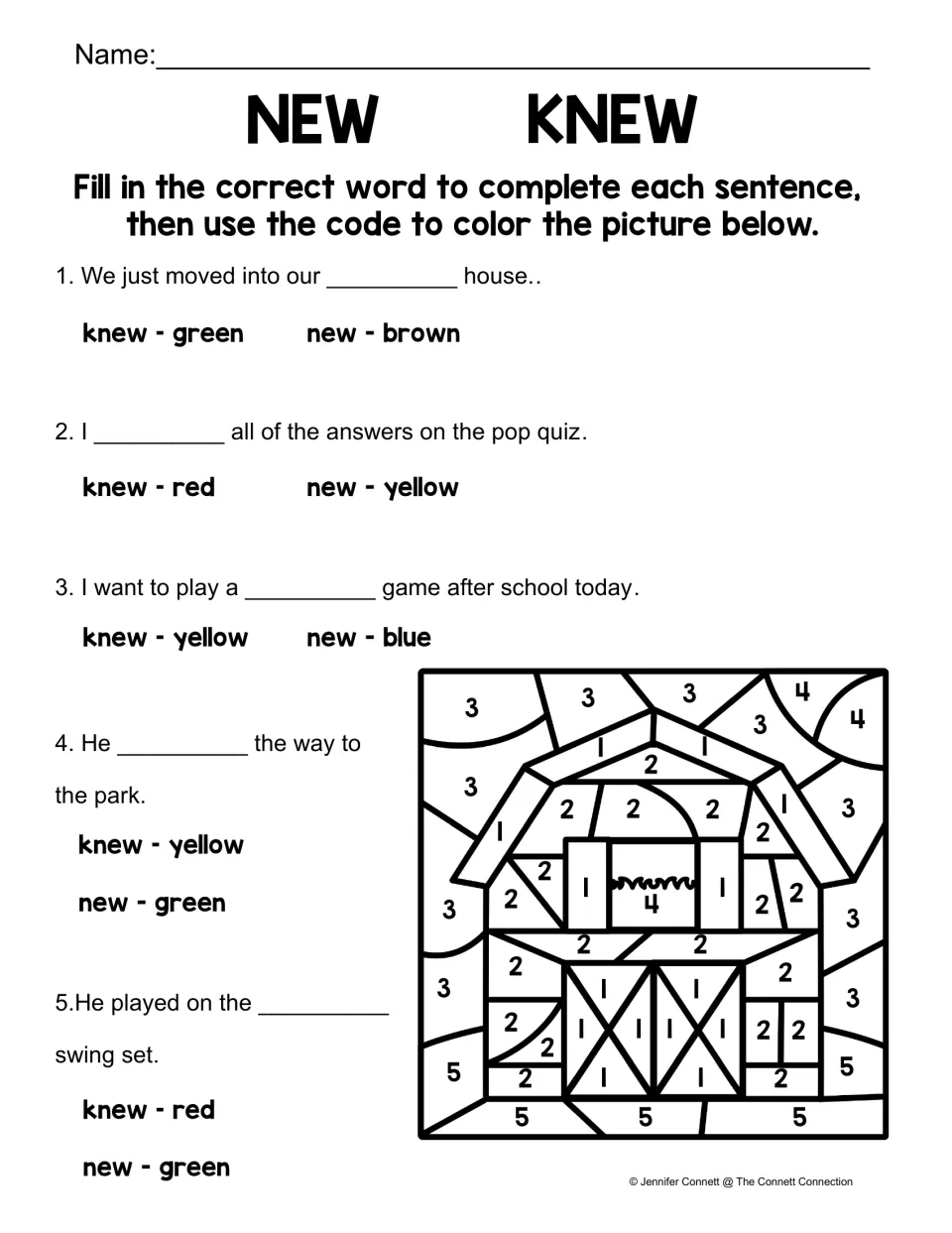 Knew or new color by code: students complete 5 sentences, then color a numbered house picture using the answer code