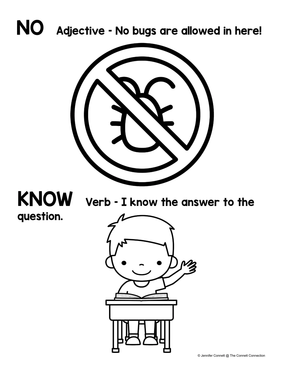 Black-and-white no and know poster with the no-bugs sign and a boy raising his hand, ready for students to color