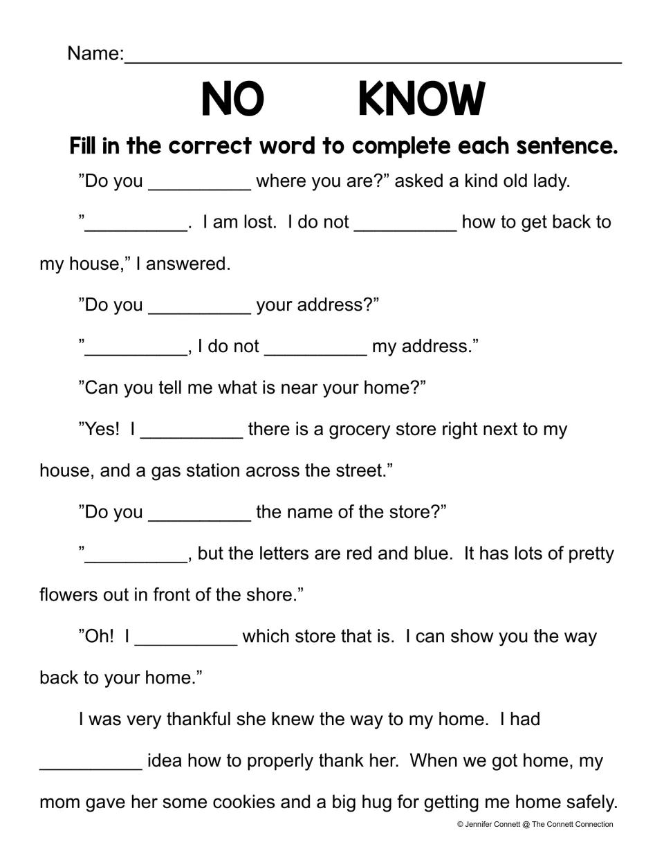 No or know dialogue story: students fill blanks in a lost child's talk with a kind old lady to choose the right word