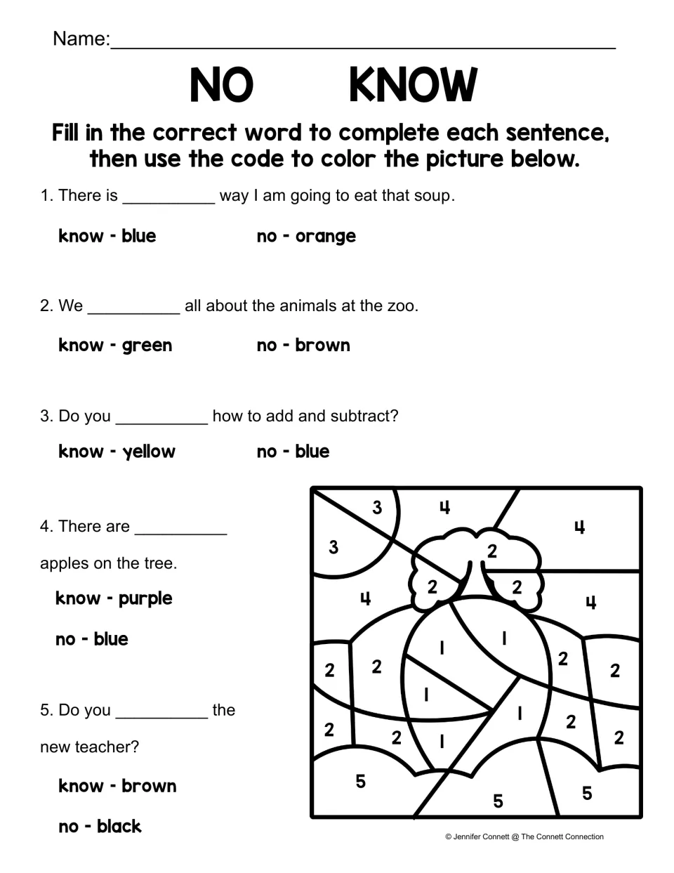 No or know color by code: students fill 5 sentence blanks, then color numbered picture spaces by the chosen word