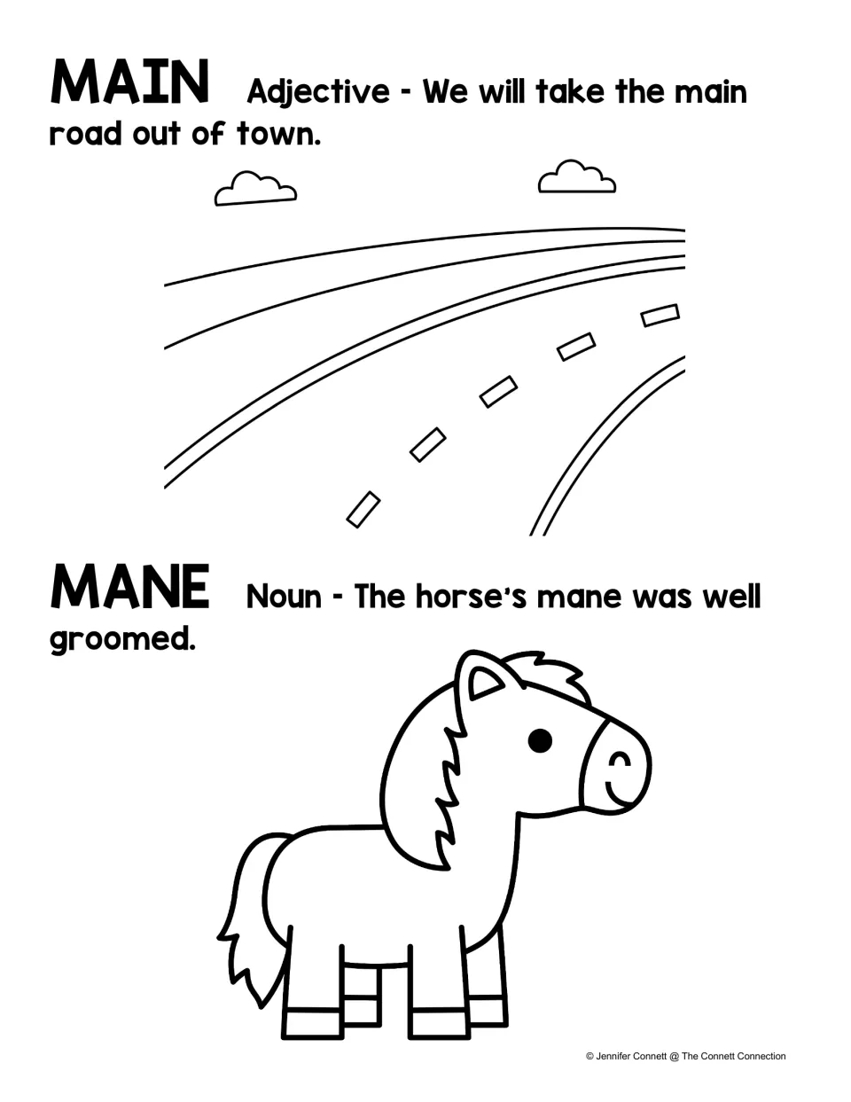 Black-and-white homophone poster pairs main with a road and mane with a horse, plus example sentences.
