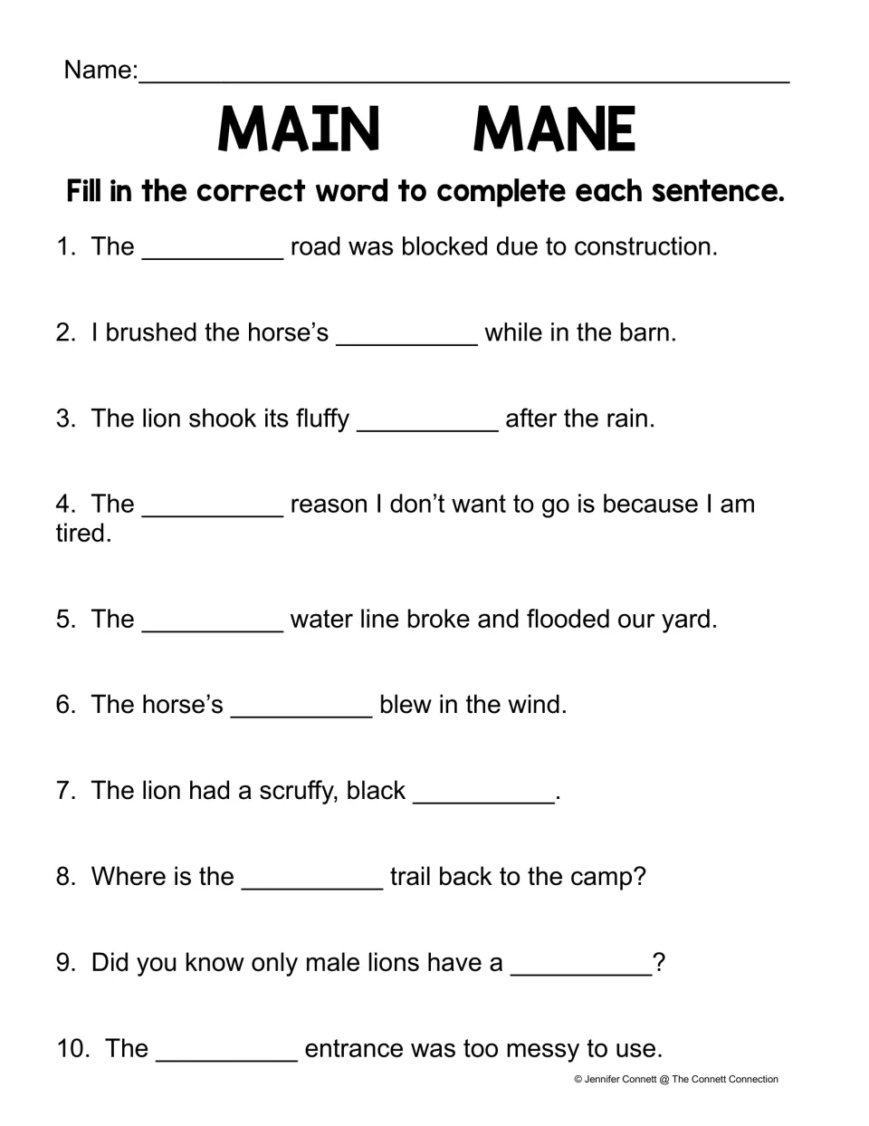 Main/mane sentence practice: 10 blanks about a road, horses, lions, a reason, a water line, and more.
