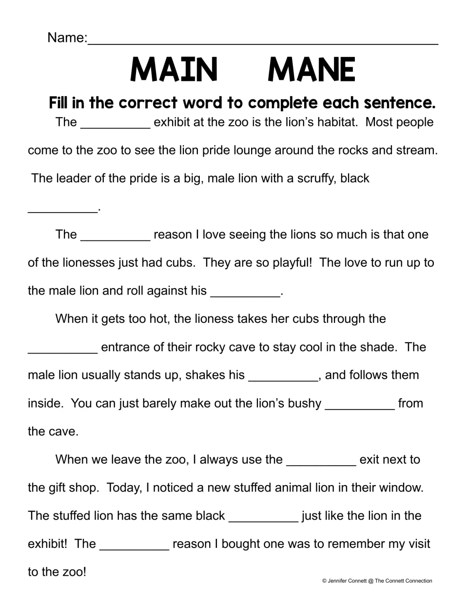 Main/mane story worksheet: fill 10 blanks in a zoo visit story about lions, cubs, and a stuffed lion.