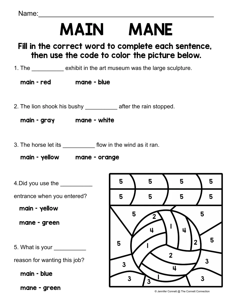 Main/mane color-by-code worksheet: complete five sentences and use the answer colors on a volleyball picture.