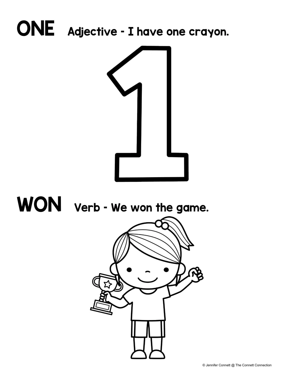 Black-and-white one and won poster to color: I have one crayon and We won the game beside a number 1 and trophy girl