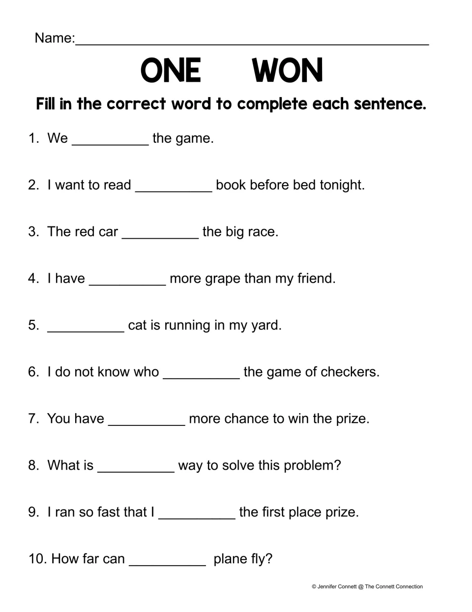 Homophones one and won: students fill in the correct word to complete 10 sentences such as We ___ the game