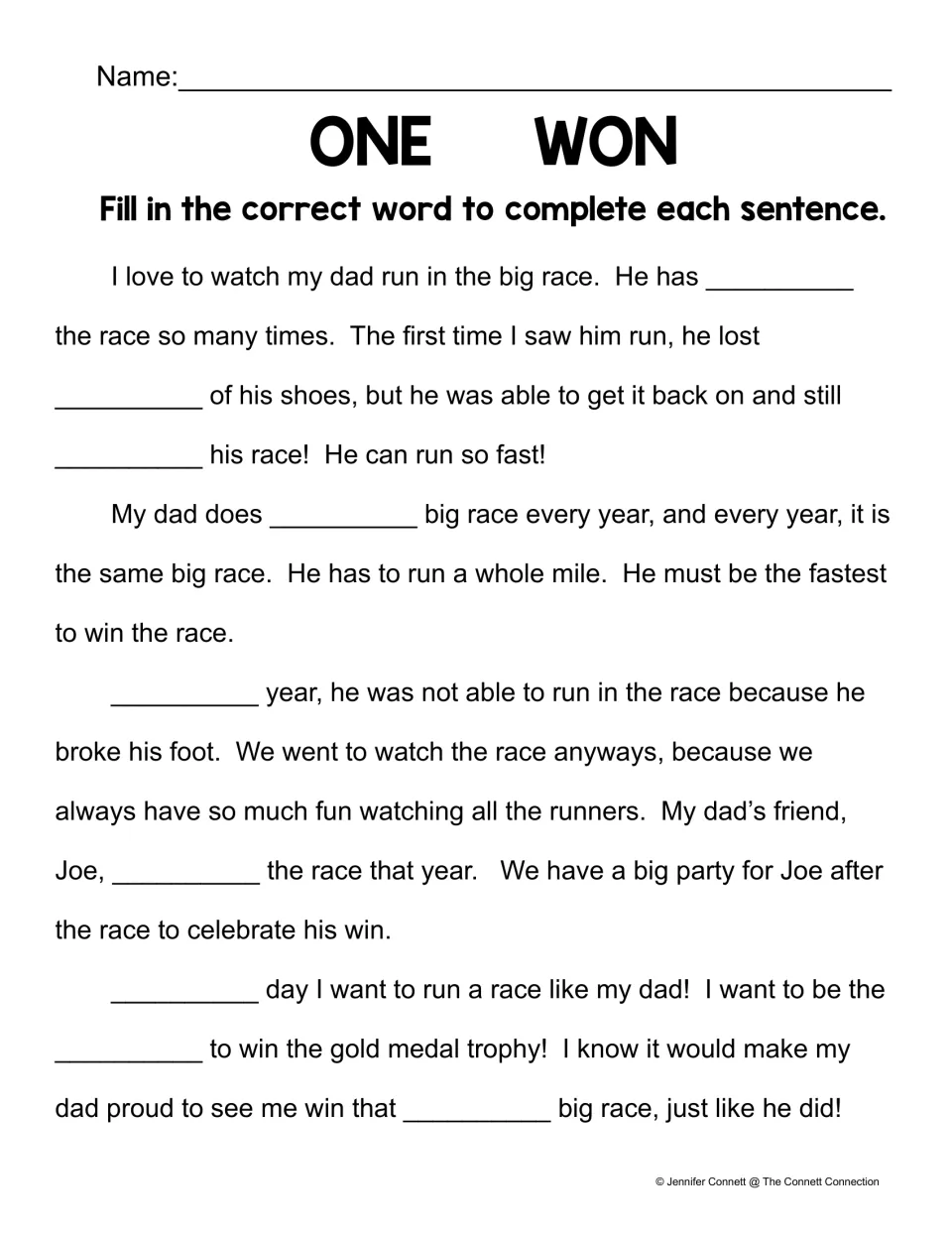 One or won in context: students fill 9 blanks in a story about a dad running the big race and his friend Joe