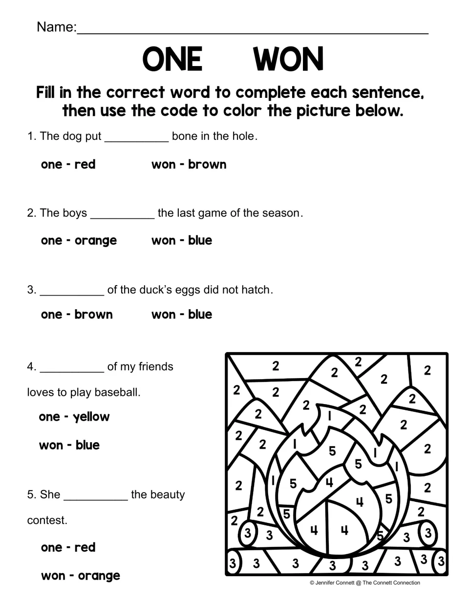 Homophone color-by-number: students fill 5 sentence blanks, then shade a numbered campfire using each answer's code