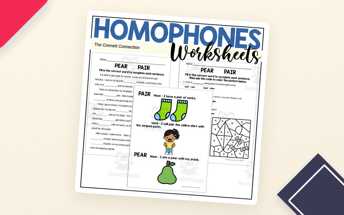 Homophones Worksheets: Pear Pair teaching resource preview