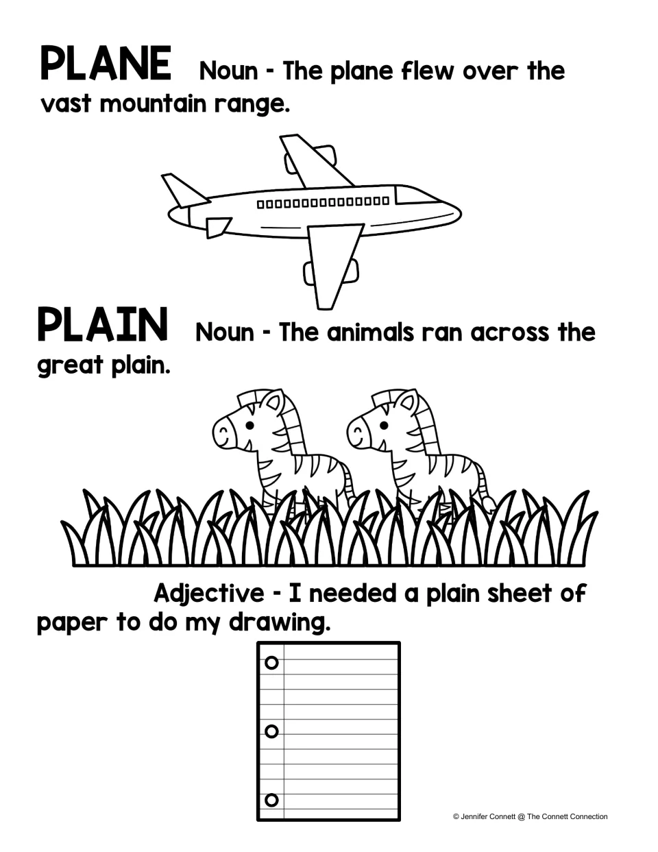 Black-and-white plane and plain reference: noun and adjective definitions with sentences and an airplane, zebras and paper