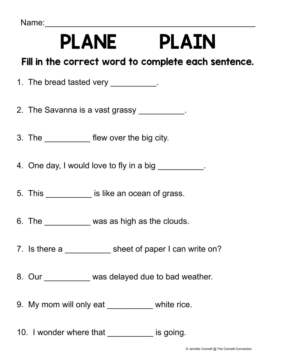 Plane or plain sentence completion: students write the correct homophone in 10 sentences about bread, flights and grasslands