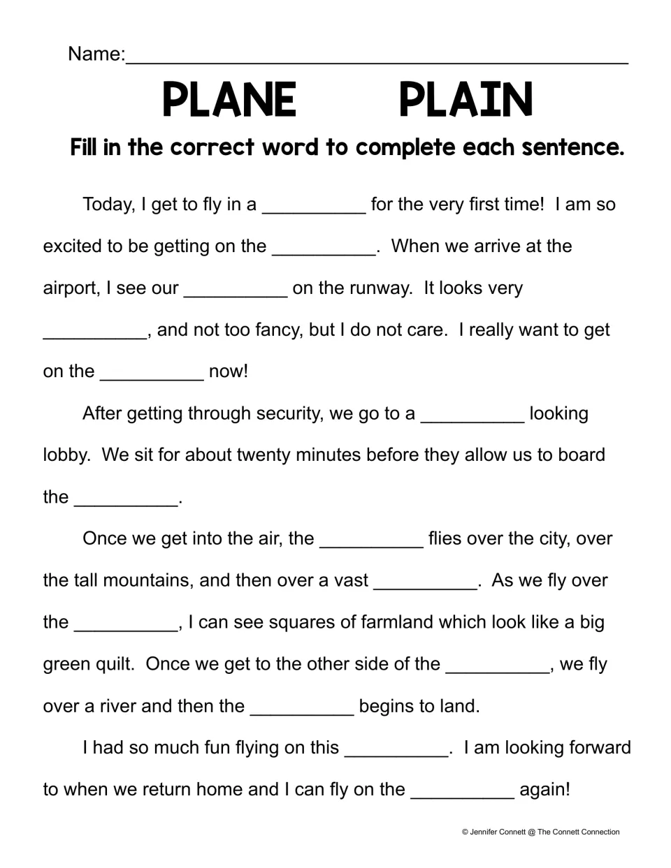Plane or plain cloze story about a first airplane trip: students fill each blank in the passage with the correct homophone