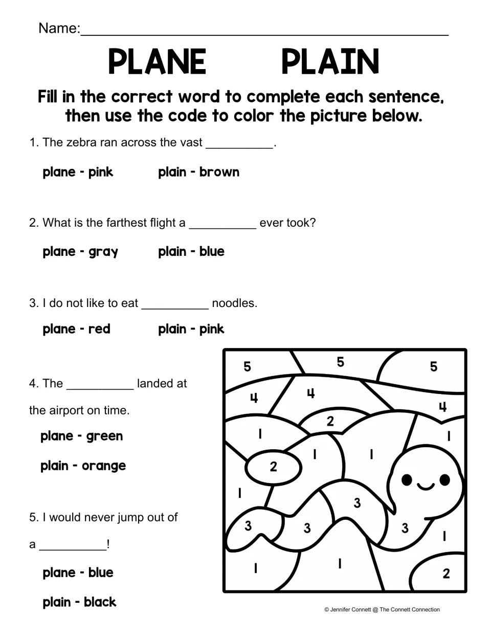 Plane or plain color by code: students complete 5 sentences, then color a numbered snake picture using each answer's color