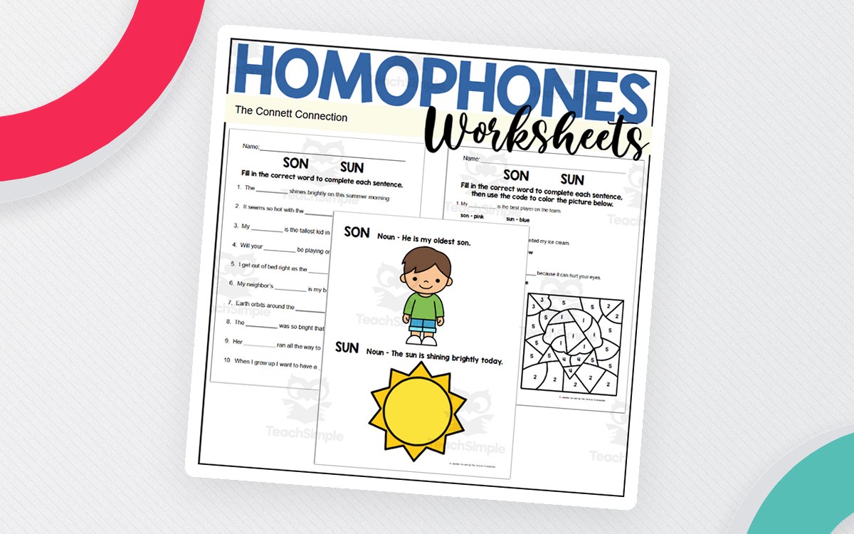 Son vs Sun Homophones – Worksheet Pack teaching resource preview