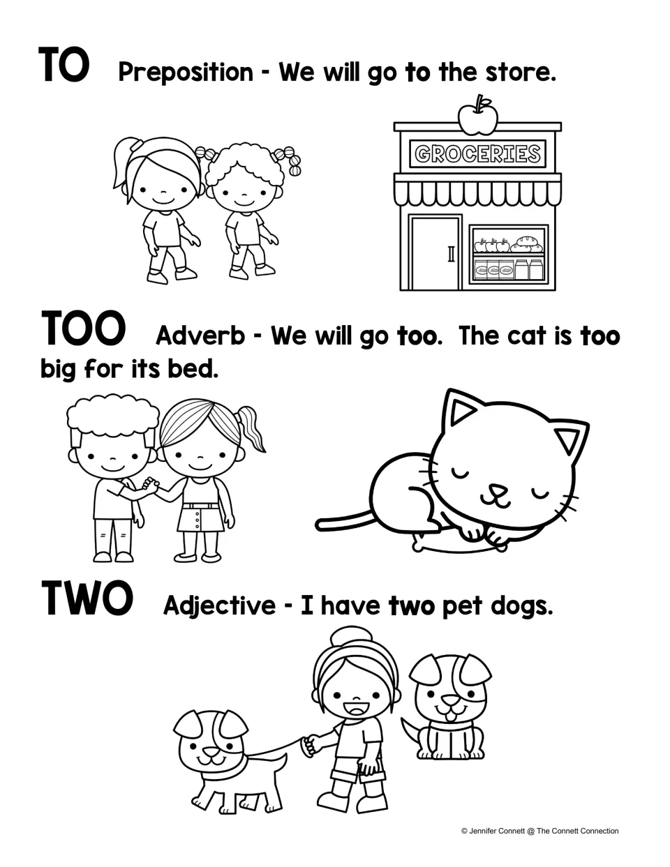 Black-and-white to, too, two reference: part of speech and sample sentences about a store, a cat's bed and two pet dogs
