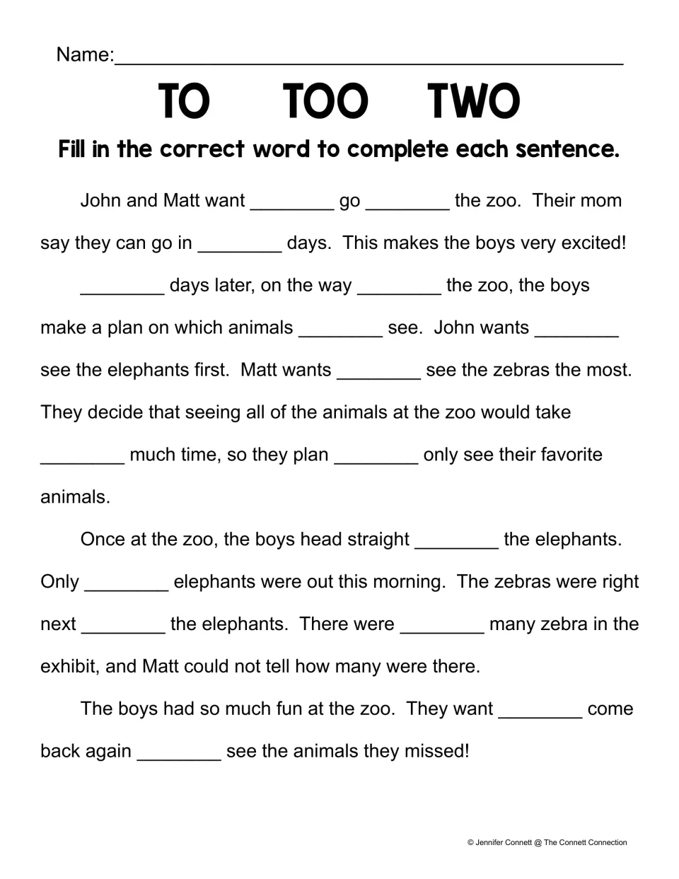 Zoo story cloze: students fill in to, too or two in a passage about John and Matt planning which zoo animals to see