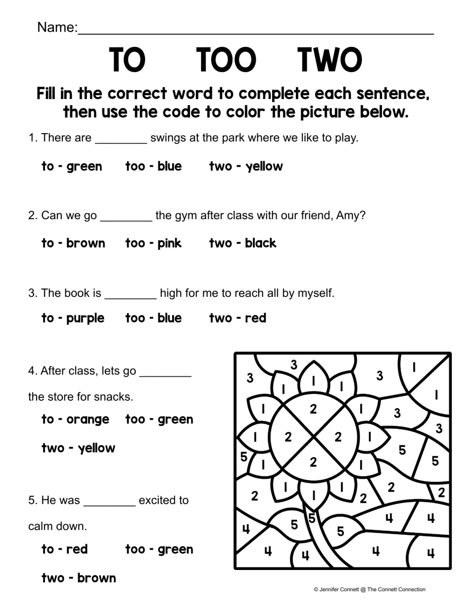 To, too, two color by code: students complete 5 sentences, then color a numbered sunflower using each answer's color