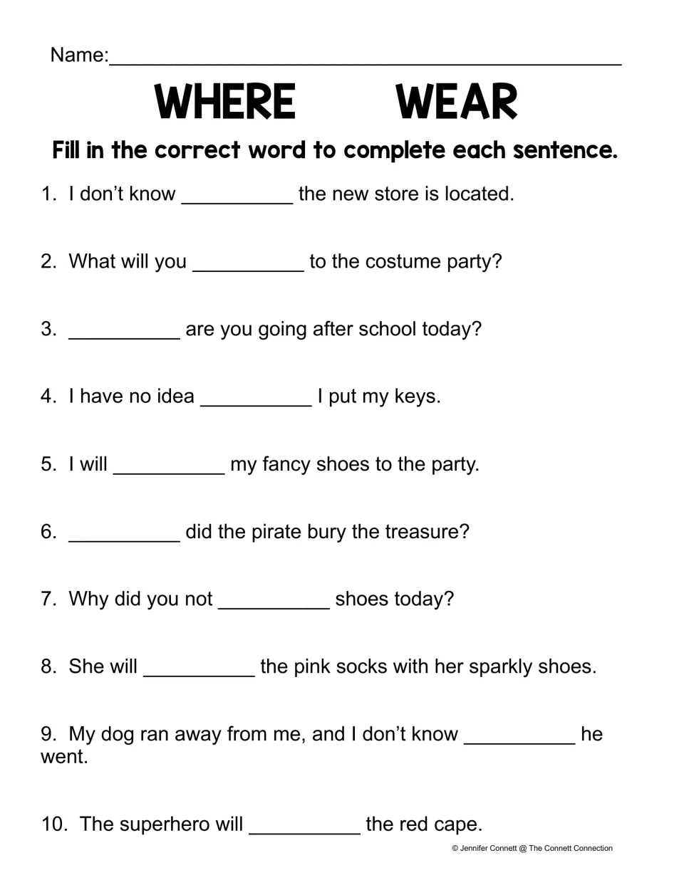 Where/wear sentence practice: 10 blanks about a store, a costume party, lost keys, shoes, treasure, and more.