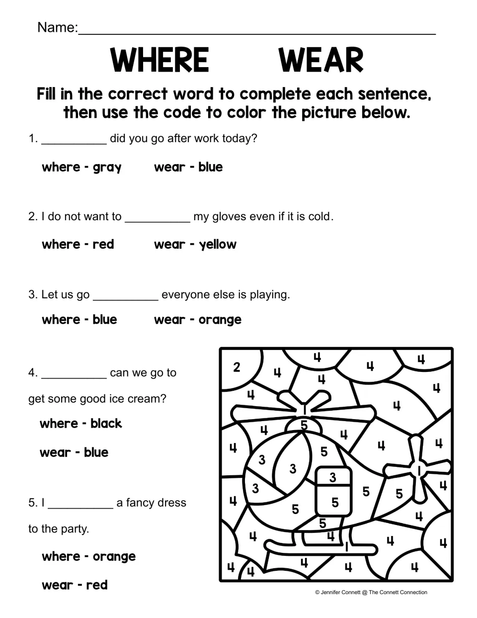 Where/wear color-by-code worksheet: complete five sentences, then use answer colors to color a helicopter.