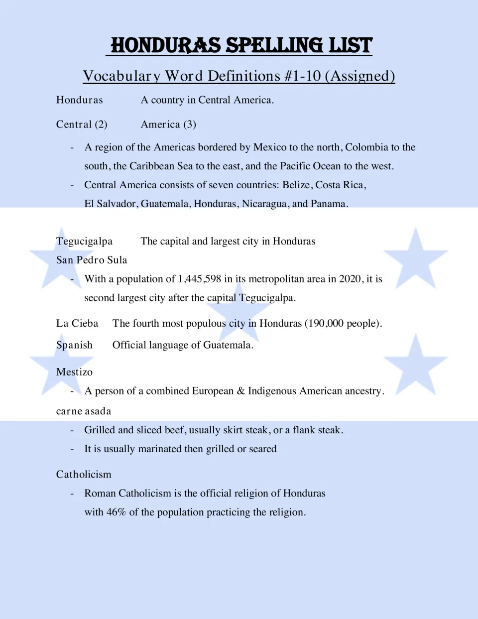 Vocabulary definitions for words 1-10, from Central America and Tegucigalpa to Mestizo, carne asada and Catholicism