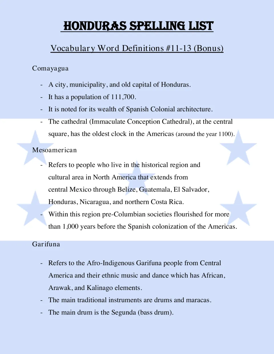 Bonus word definitions for Comayagua, Mesoamerican and Garifuna, with facts on population, history, music and drums
