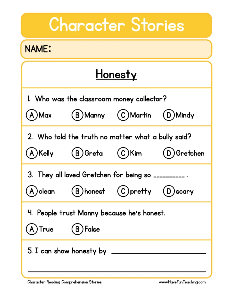 Honesty story questions: students answer 3 multiple-choice and 1 true/false item, then finish 'I can show honesty by'