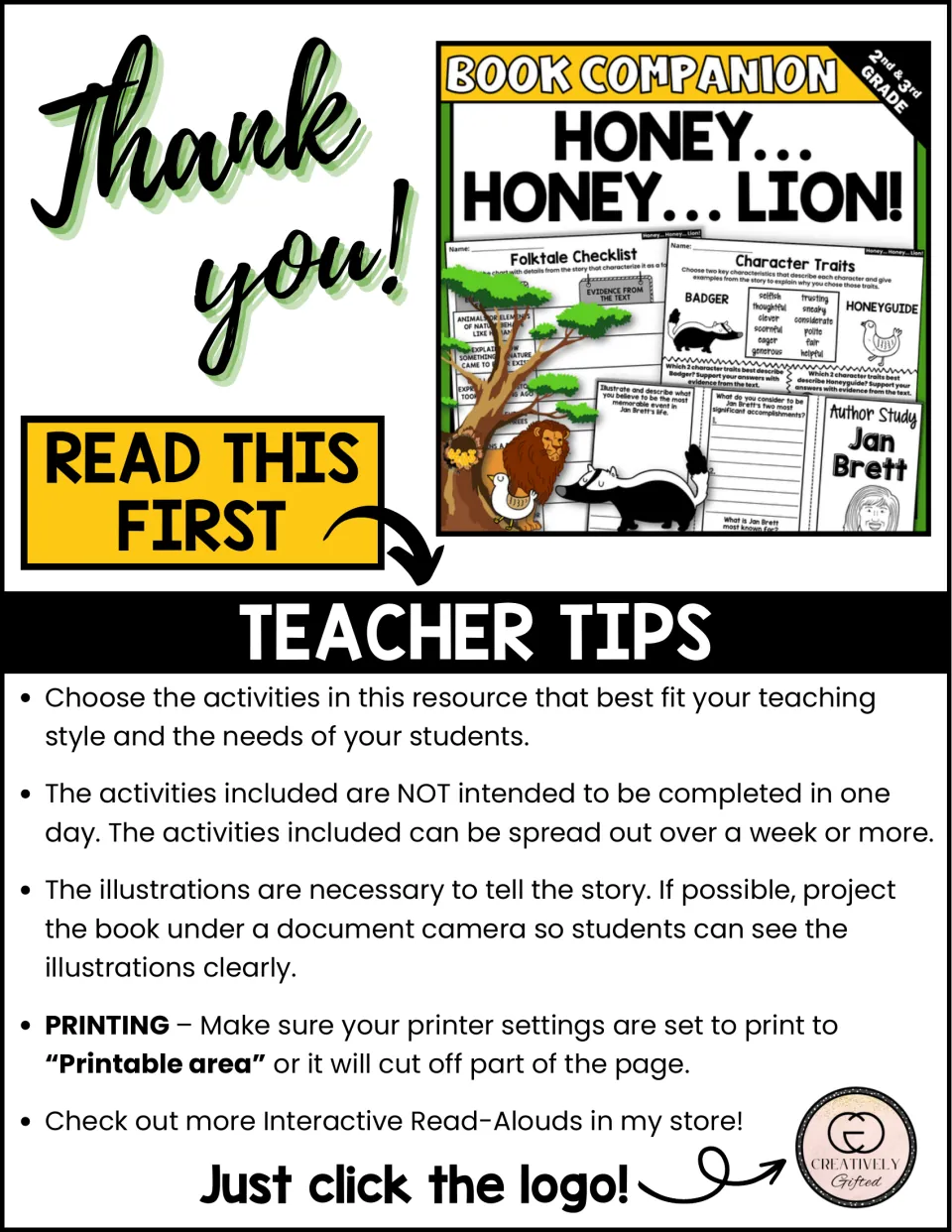 Teacher tips for the book companion explain activity selection, pacing, showing illustrations, and printing.