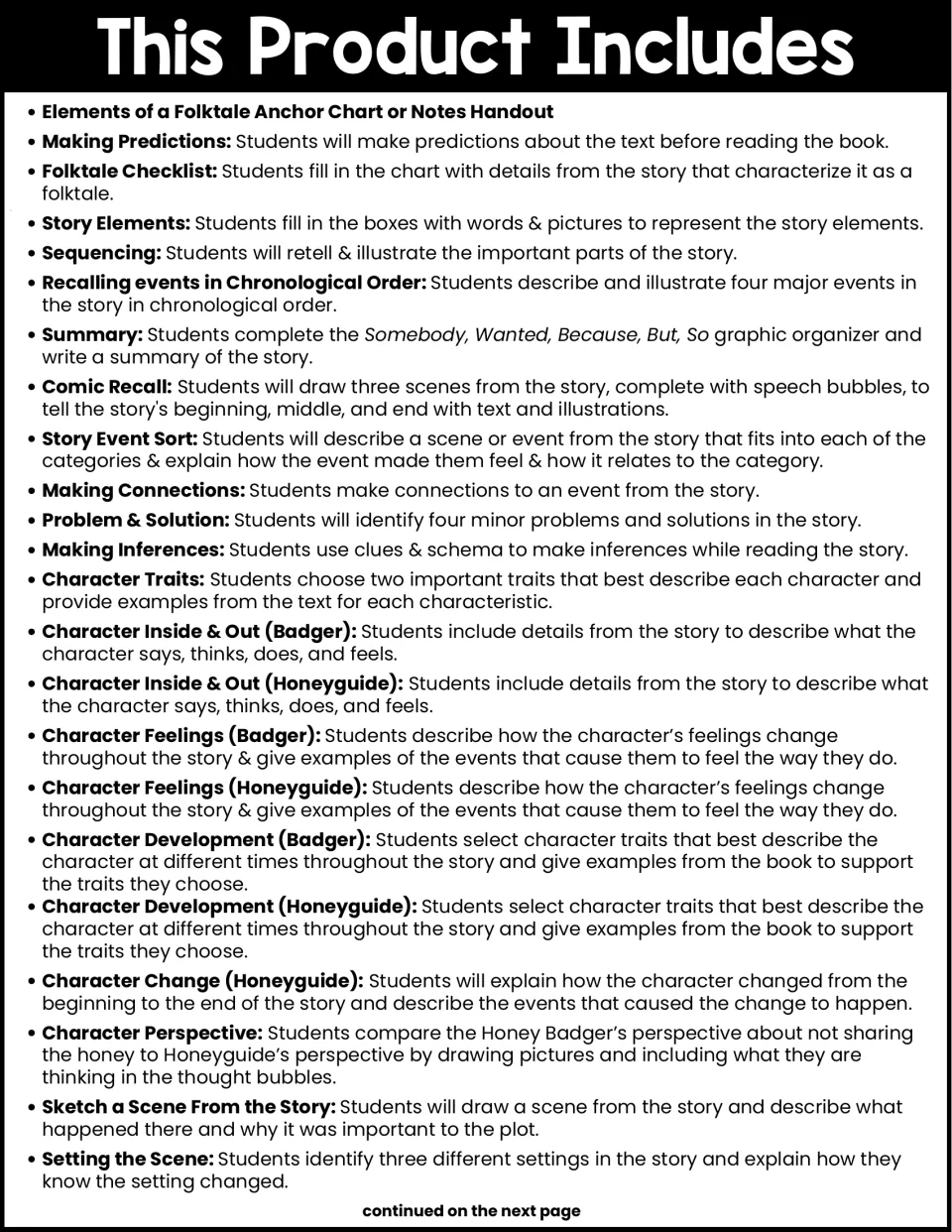 First contents page lists reading activities for predictions, folktales, story elements, and character analysis.