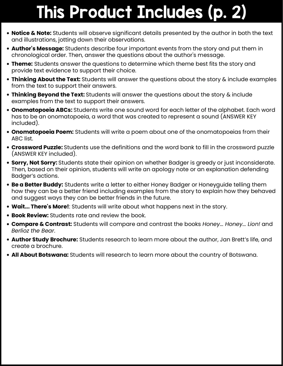 Second contents page lists theme, onomatopoeia, writing responses, book comparison, and research activities.