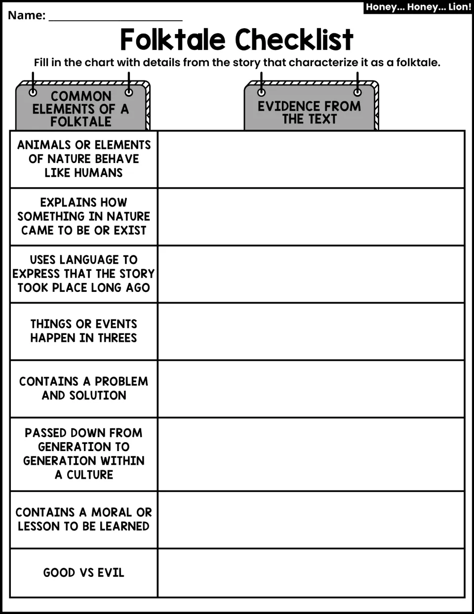 Folktale Checklist asks students to match eight common folktale elements with evidence from the story.