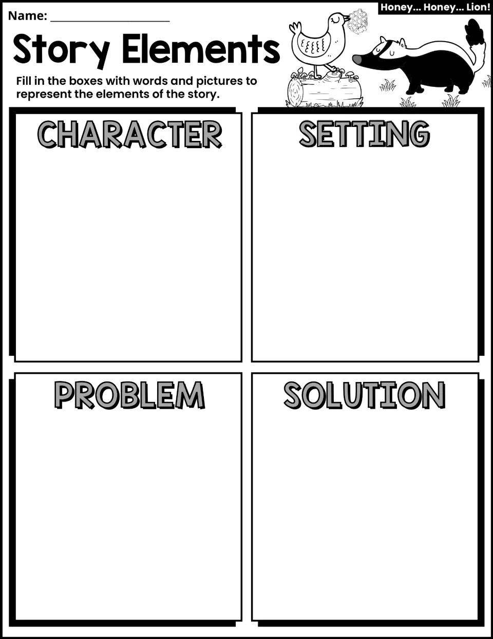 Story Elements activity asks students to use words and pictures for character, setting, problem, and solution.