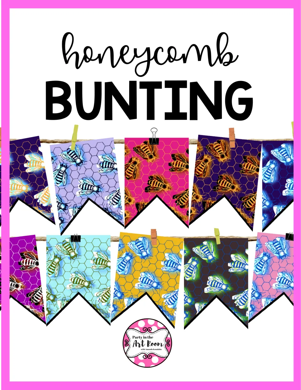 Cover of Honeycomb Bunting Flags showing strings of colorful bee-and-honeycomb flags for classroom decor