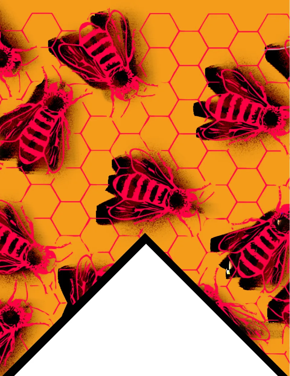 Printable classroom bunting flag featuring black and hot pink bees on an orange honeycomb background