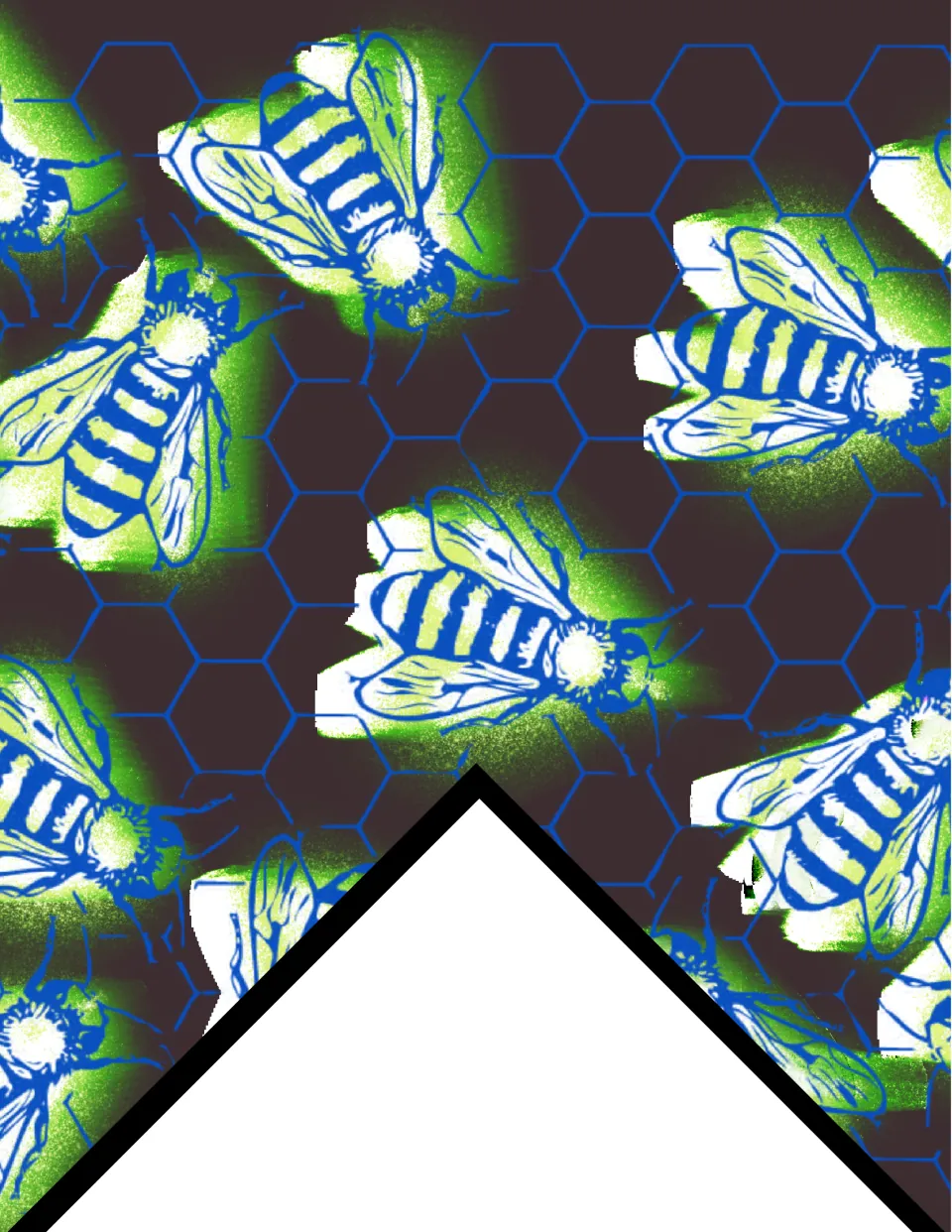 Printable classroom bunting flag featuring blue, white, and lime bees on a dark brown honeycomb background