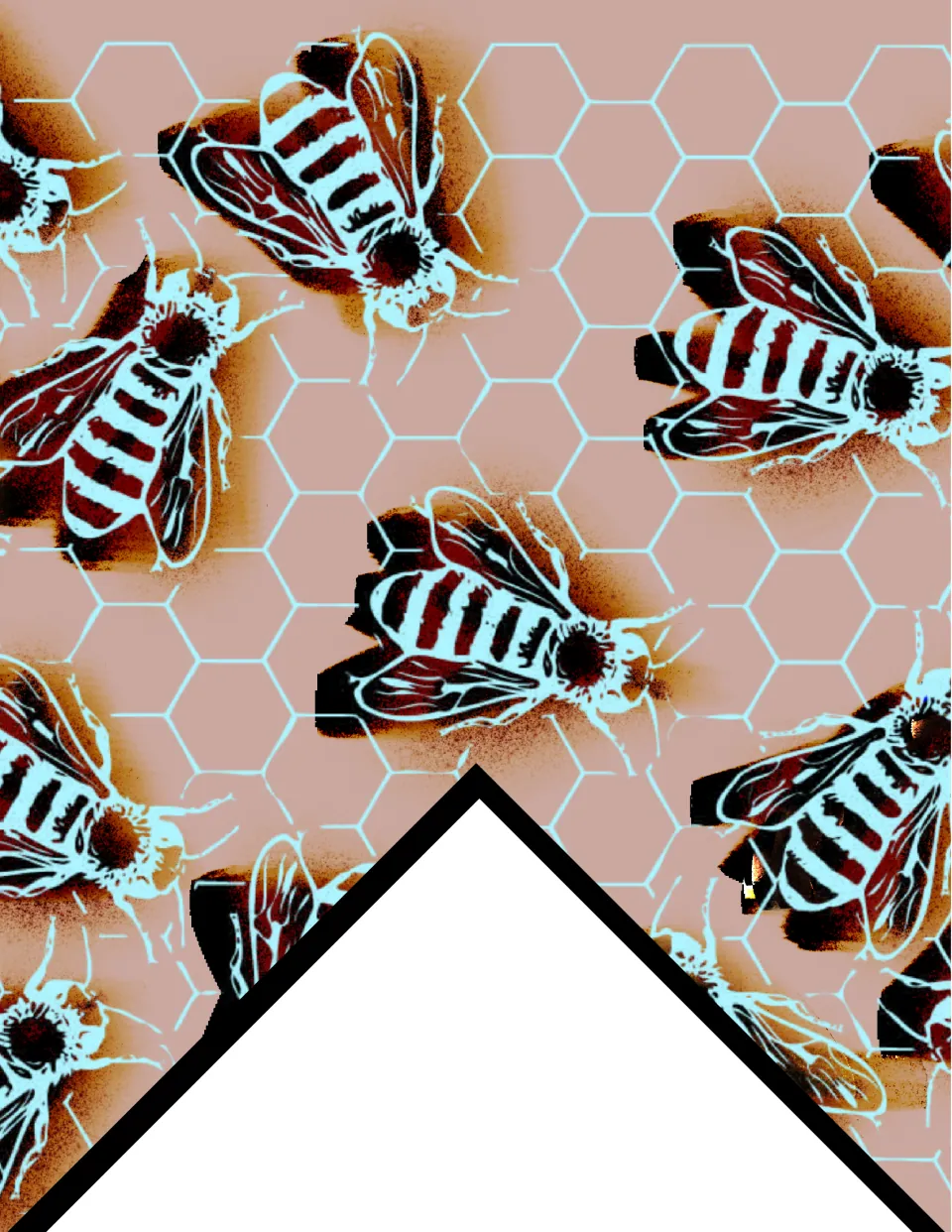 Printable classroom bunting flag featuring black, rust, and pale blue bees on a tan honeycomb background