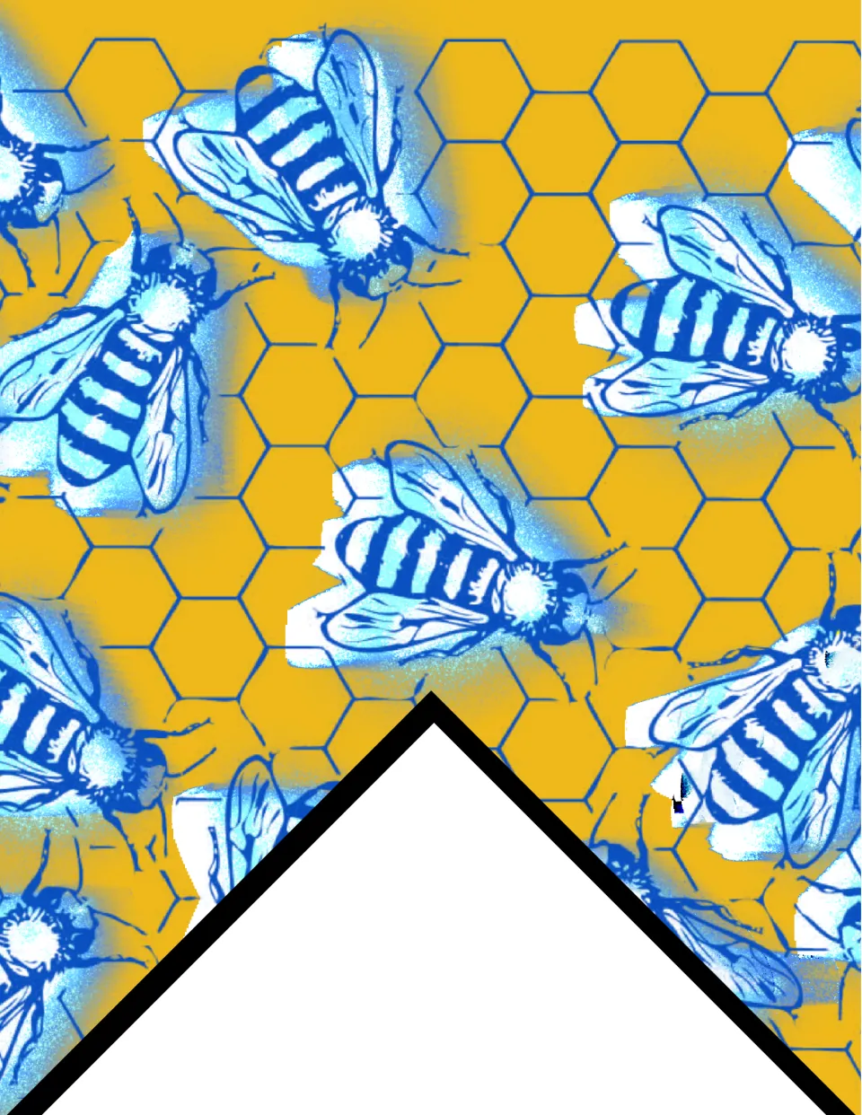 Printable classroom bunting flag featuring blue and white bees on a yellow background with blue honeycomb