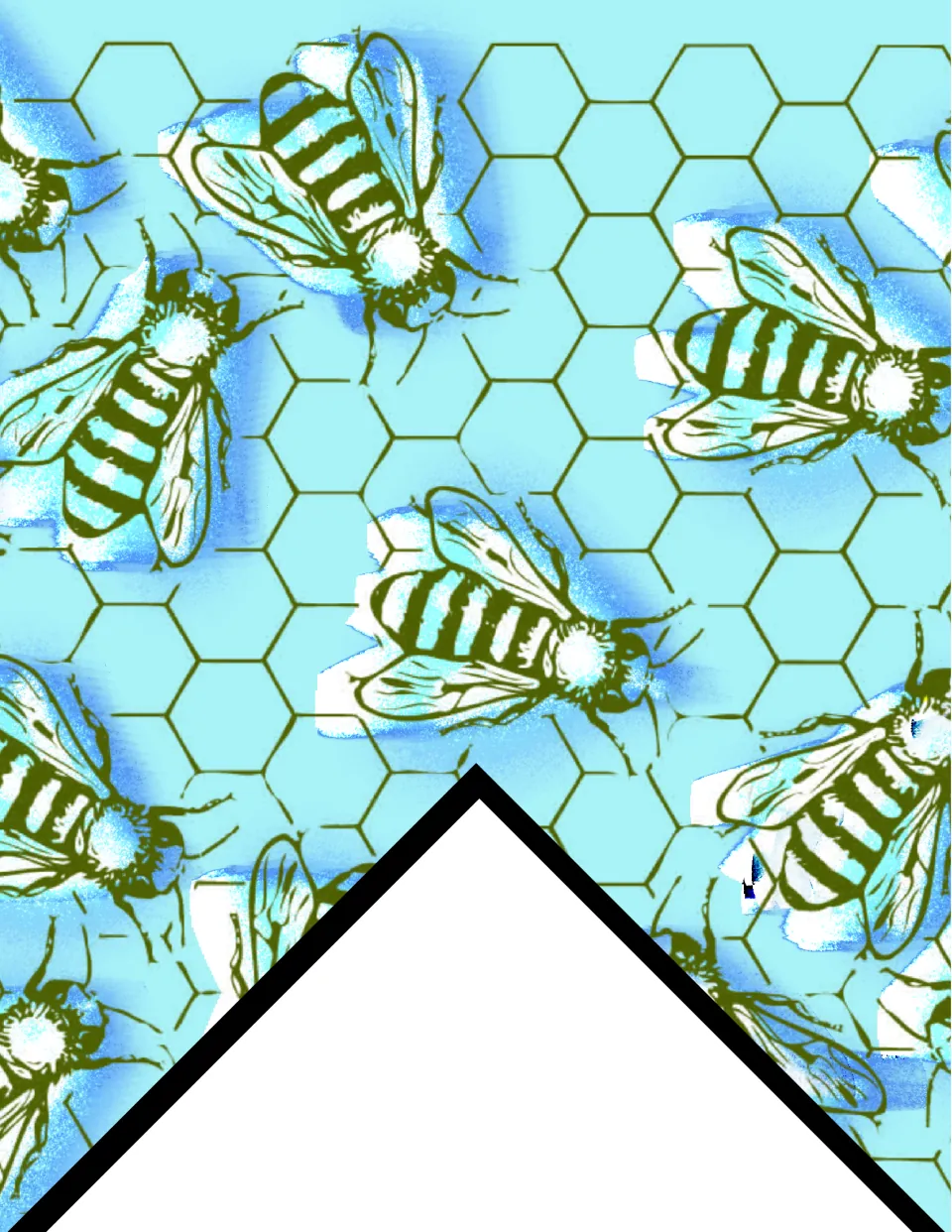Printable classroom bunting flag featuring olive green and white bees on a light aqua honeycomb background