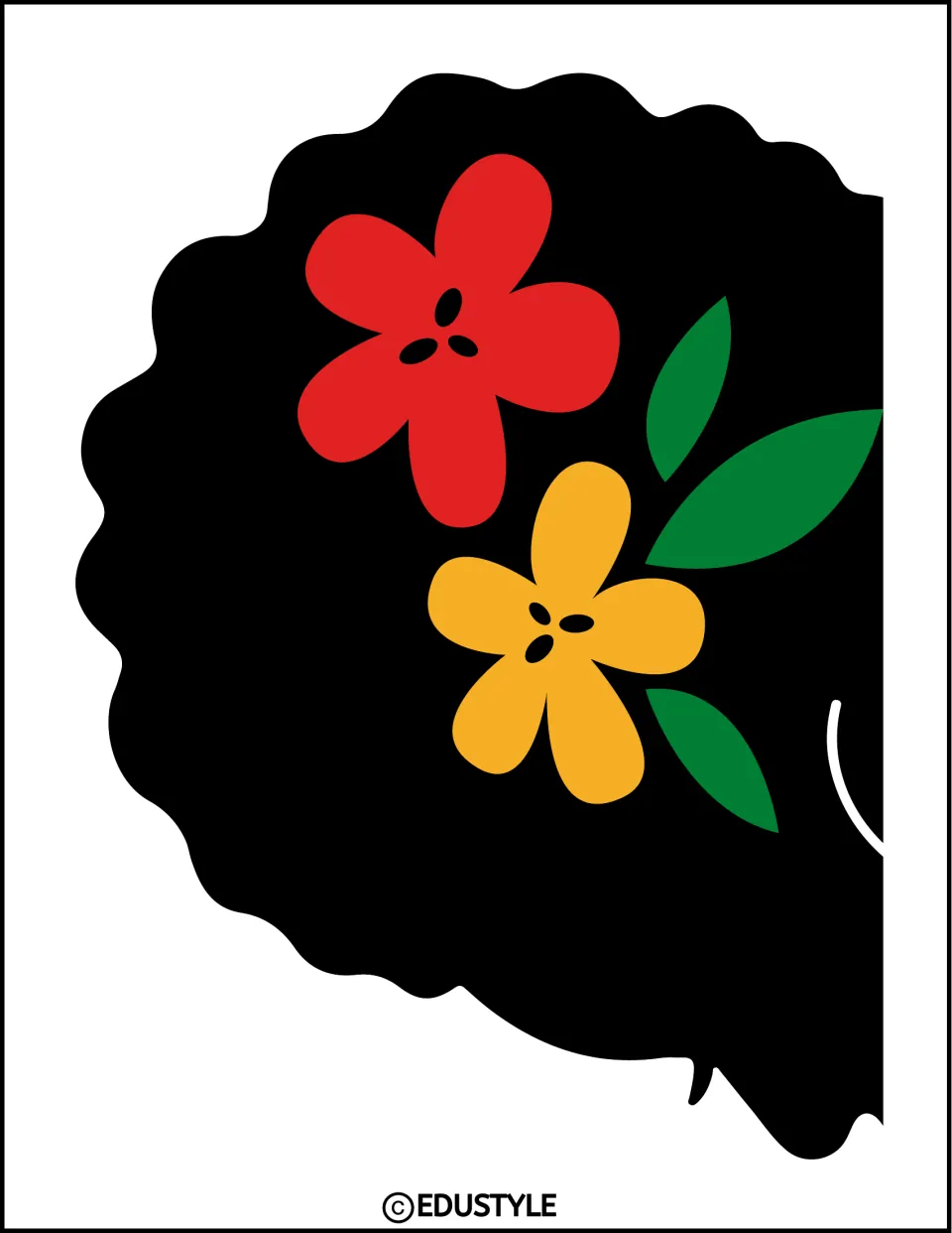 Enlarged portrait's hair section with red and gold flowers for the Black History Month classroom display