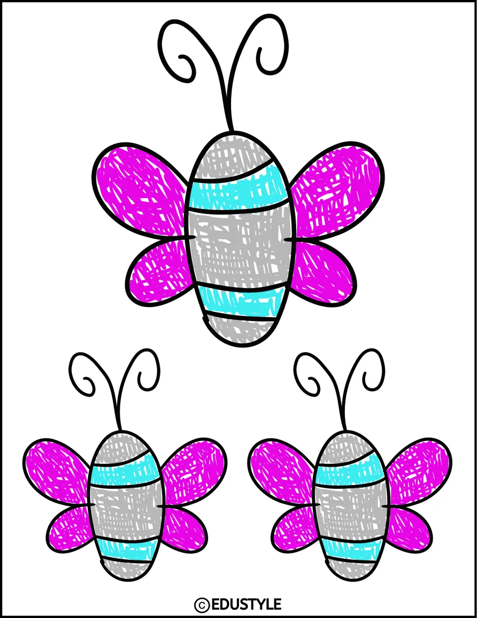 Three insect cutouts for the back-to-school display: pink wings and gray bodies with turquoise stripes