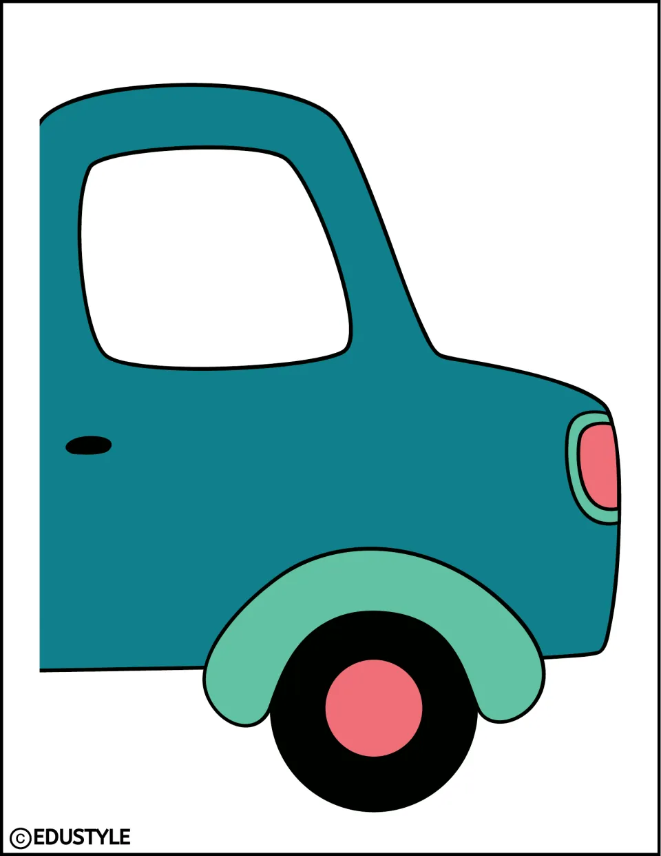 Front section of the enlarged Easter truck decor graphic, showing the teal cab, window, and front wheel
