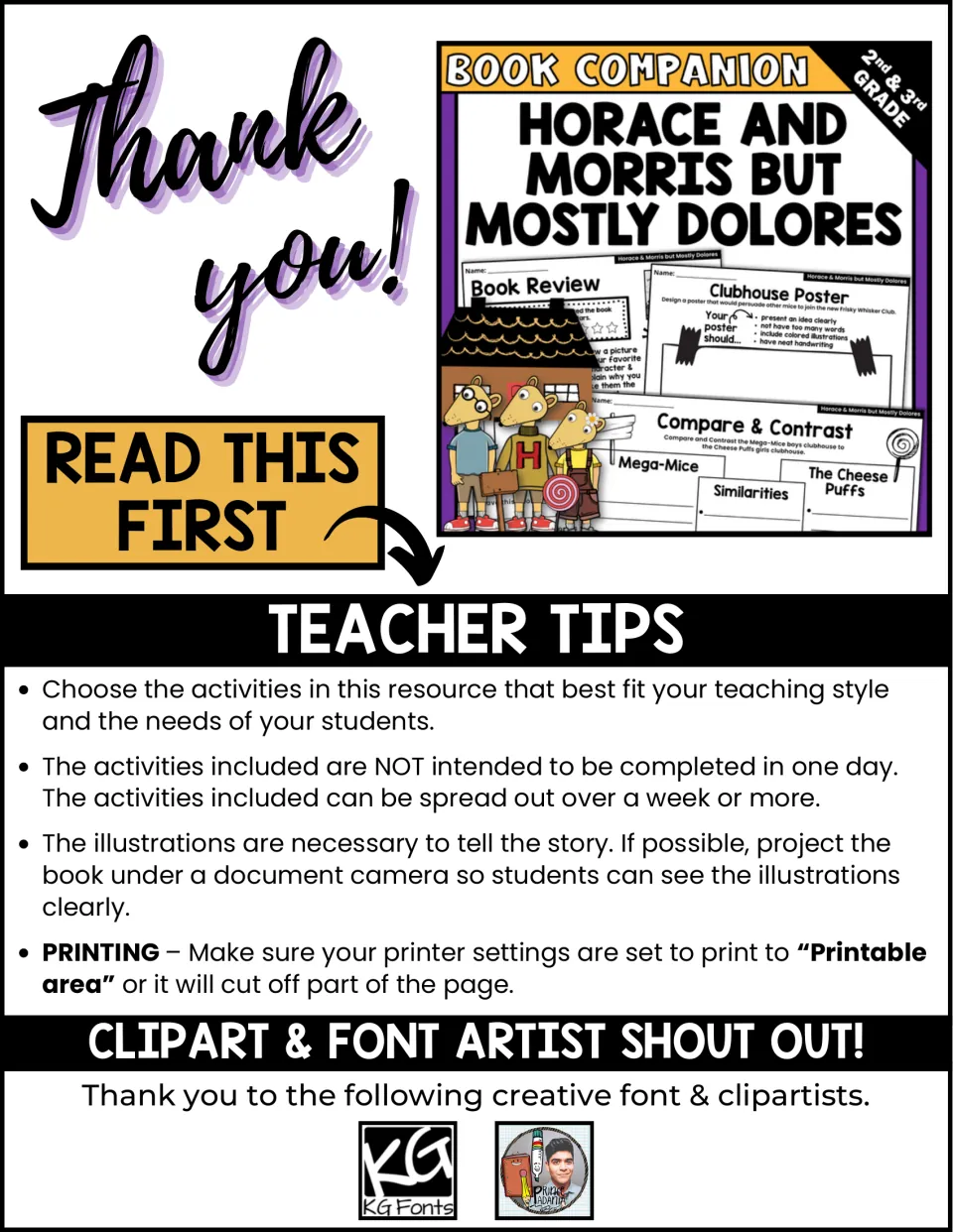 Teacher tips for the book companion: pick activities, spread them over a week, project illustrations, set print area