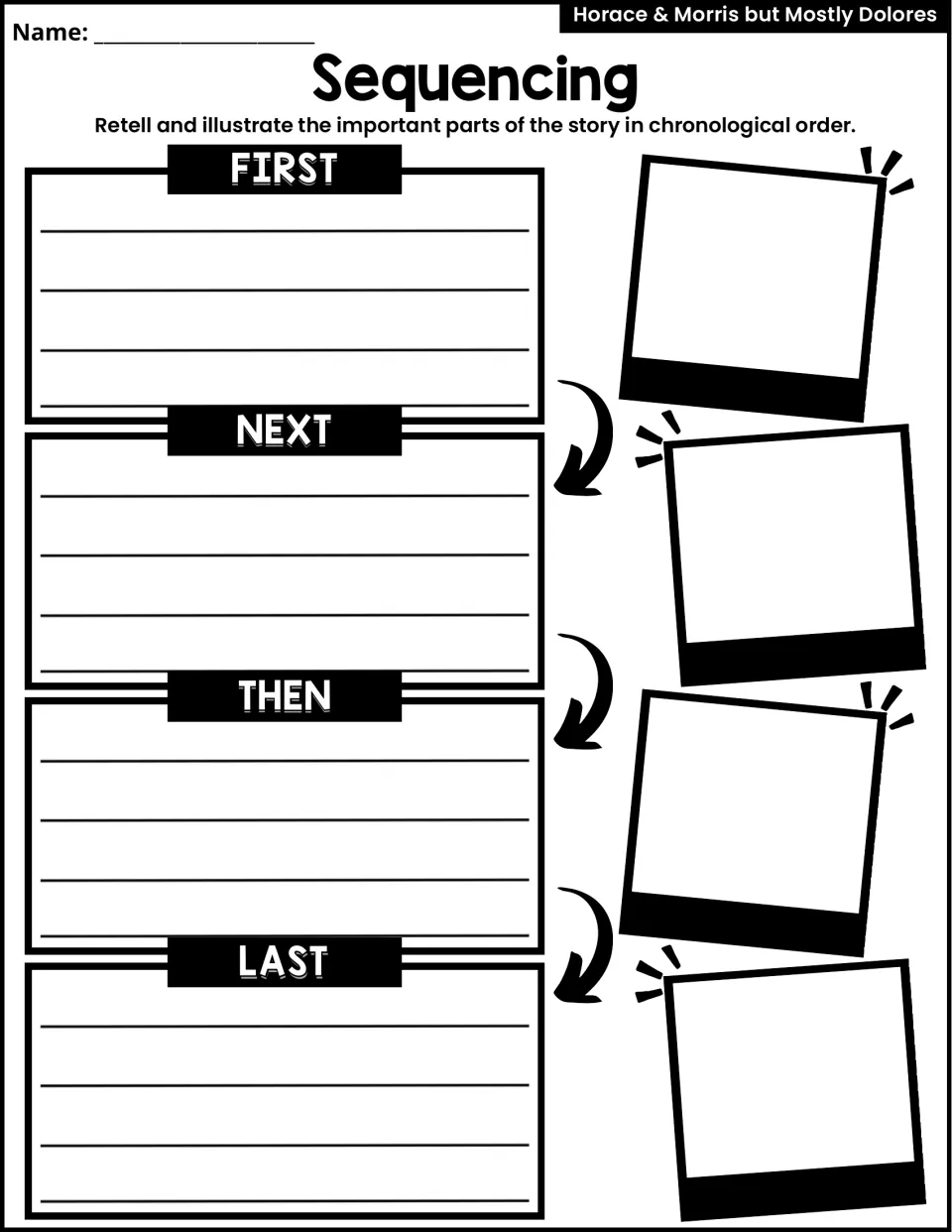 Sequencing: students retell the story in chronological order, writing and drawing what happened first, next, then and last