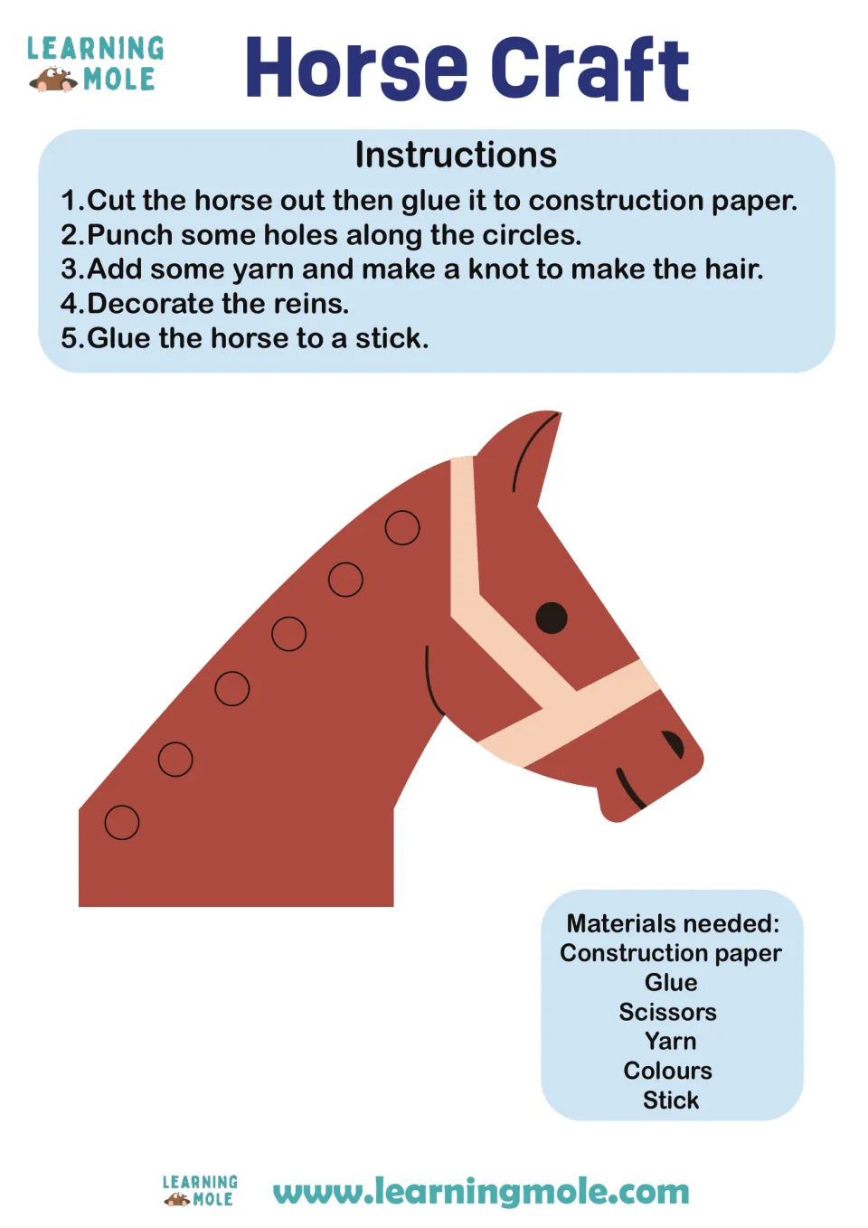 Horse craft: students cut out a horse head, punch holes for yarn hair, decorate the reins and glue it to a stick