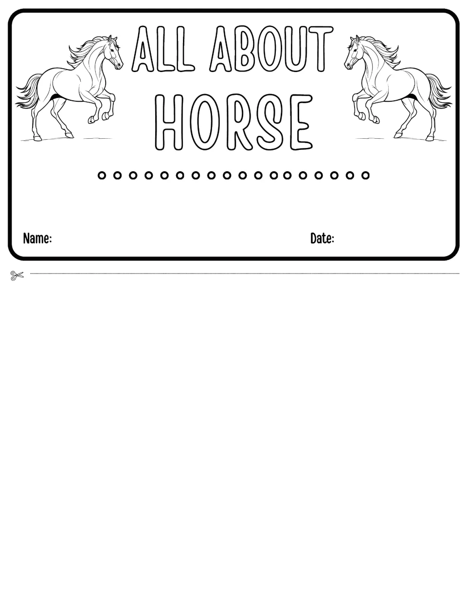 All About Horse flipbook cover: two rearing horse drawings above spaces for the student's name and date