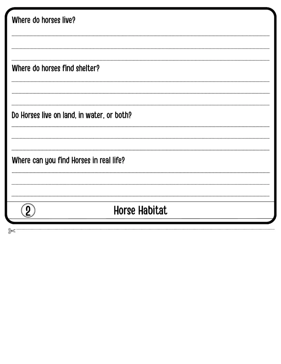 Horse Habitat flap 2: students write where horses live, find shelter, whether on land or water, and where to see them